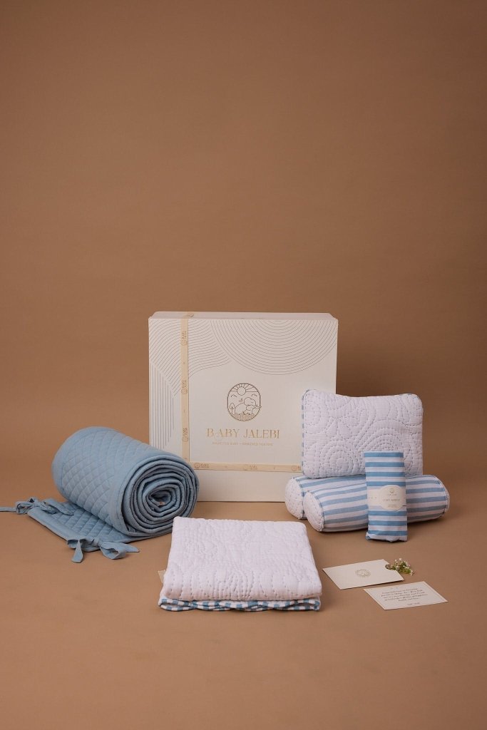 Heirloom Blue Complete Cot Bedding Set with Bumper - Baby Jalebi